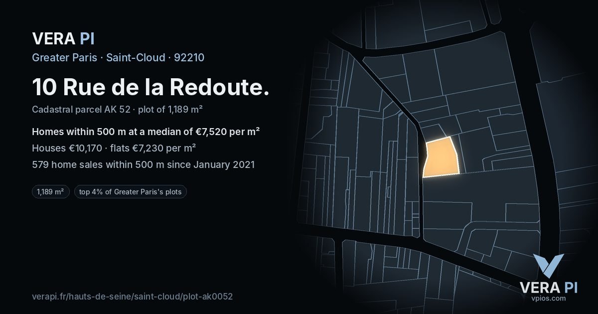 10 Rue de la Redoute, Saint-Cloud at night – the plot lit, the parcels around coloured by the prices near them