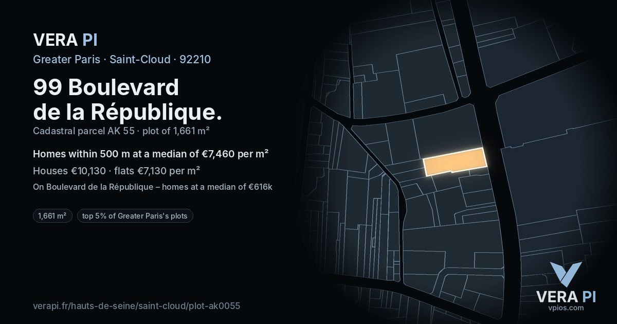 99 Boulevard de la République, Saint-Cloud at night – the plot lit, the parcels around coloured by the prices near them