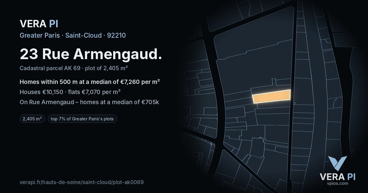 23 Rue Armengaud, Saint-Cloud at night – the plot lit, the parcels around coloured by the prices near them