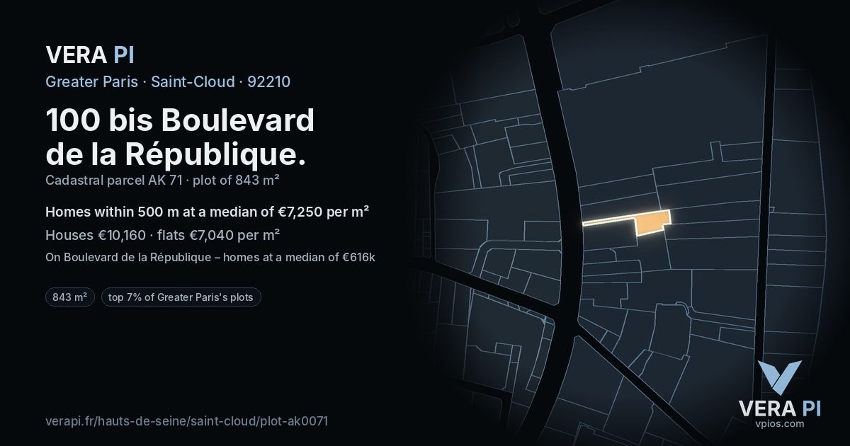 100 bis Boulevard de la République, Saint-Cloud at night – the plot lit, the parcels around coloured by the prices near them