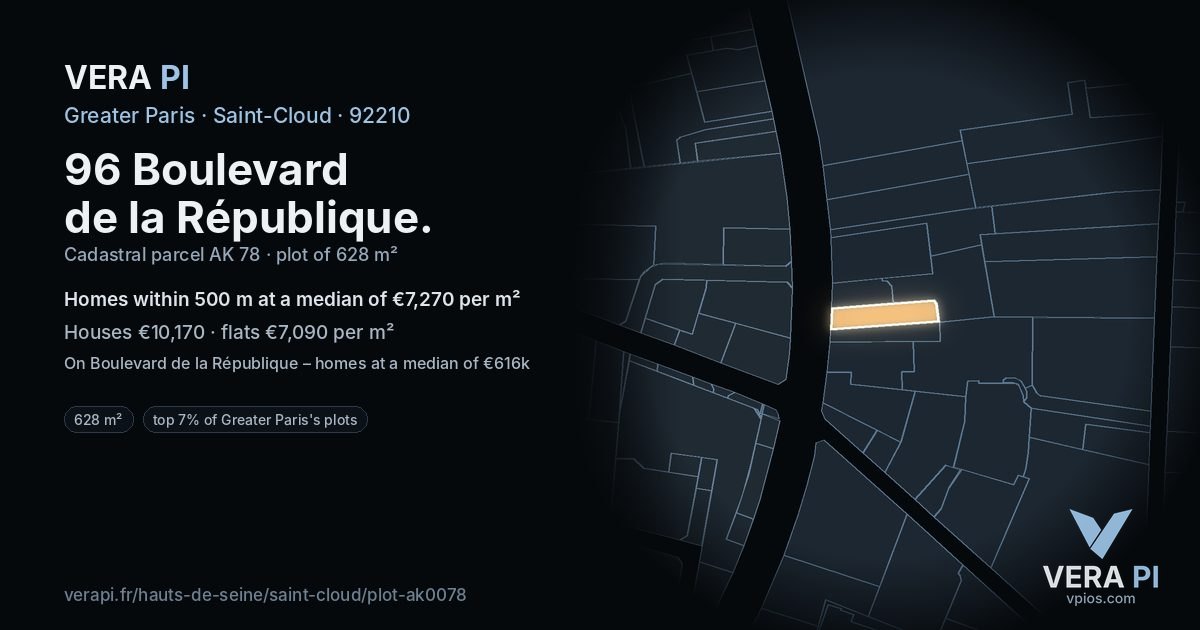 96 Boulevard de la République, Saint-Cloud at night – the plot lit, the parcels around coloured by the prices near them