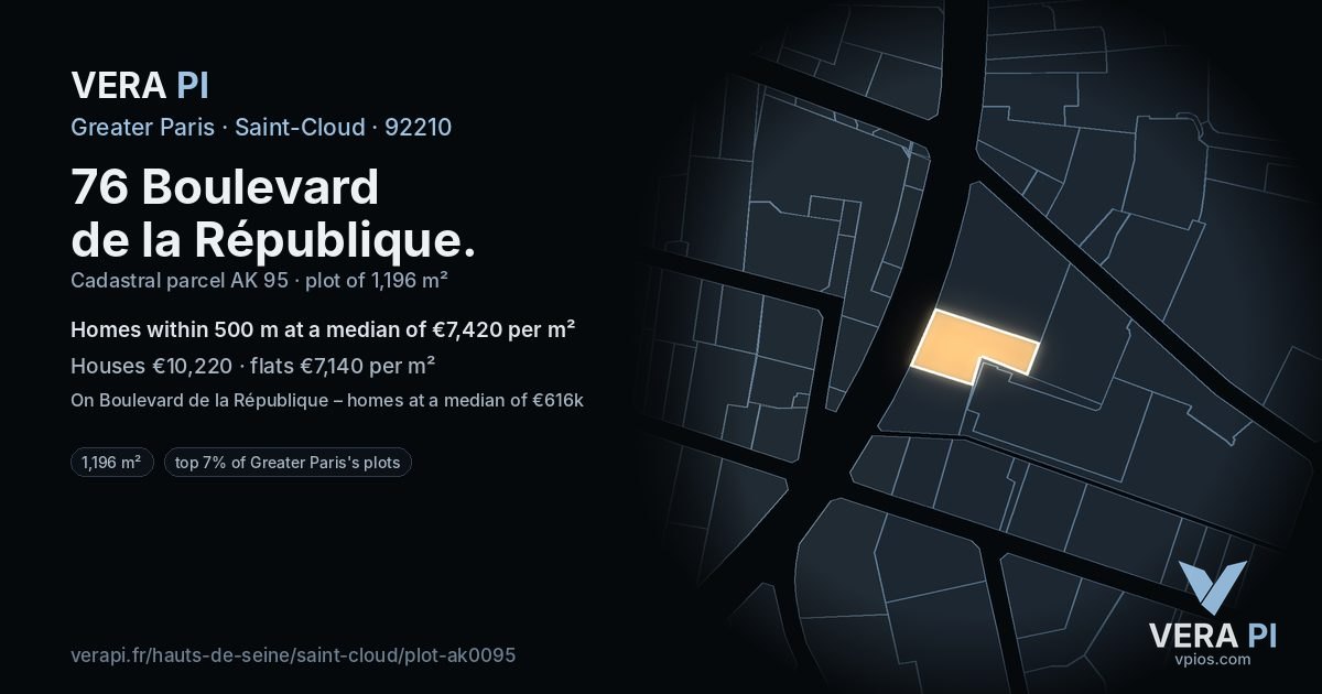 76 Boulevard de la République, Saint-Cloud at night – the plot lit, the parcels around coloured by the prices near them