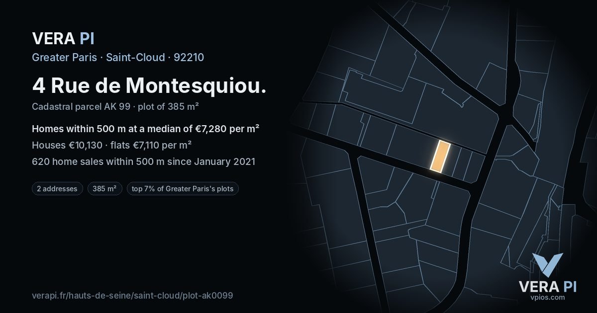 4 Rue de Montesquiou, Saint-Cloud at night – the plot lit, the parcels around coloured by the prices near them