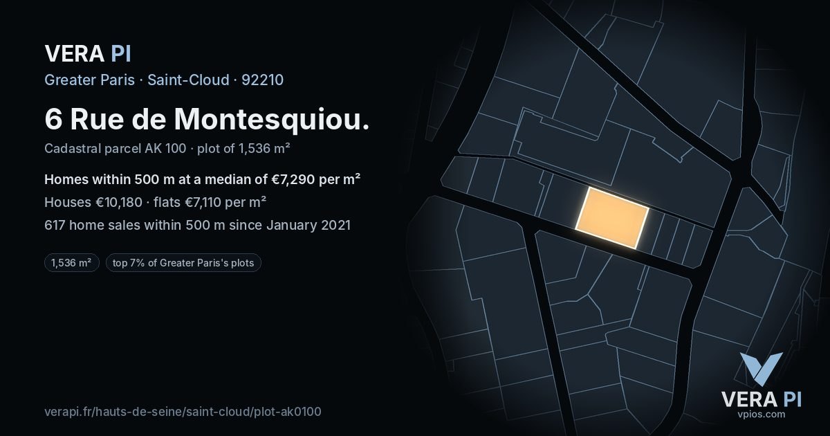 6 Rue de Montesquiou, Saint-Cloud at night – the plot lit, the parcels around coloured by the prices near them