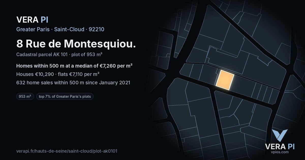 8 Rue de Montesquiou, Saint-Cloud at night – the plot lit, the parcels around coloured by the prices near them