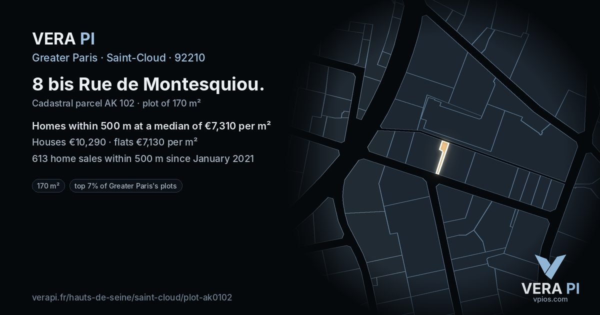 8 bis Rue de Montesquiou, Saint-Cloud at night – the plot lit, the parcels around coloured by the prices near them