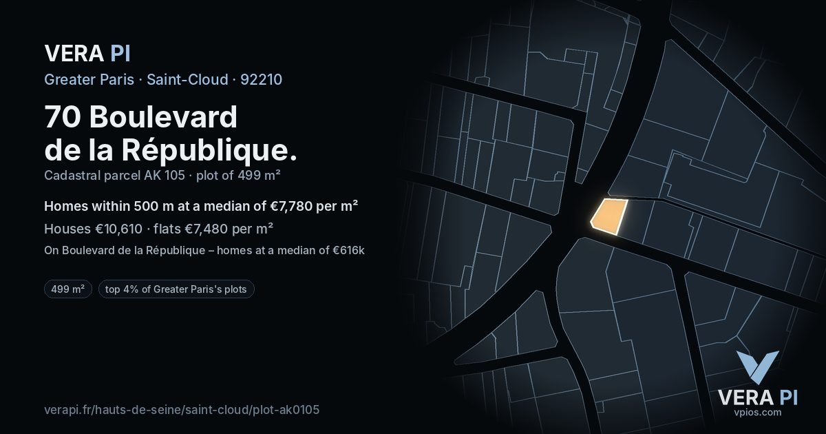 70 Boulevard de la République, Saint-Cloud at night – the plot lit, the parcels around coloured by the prices near them