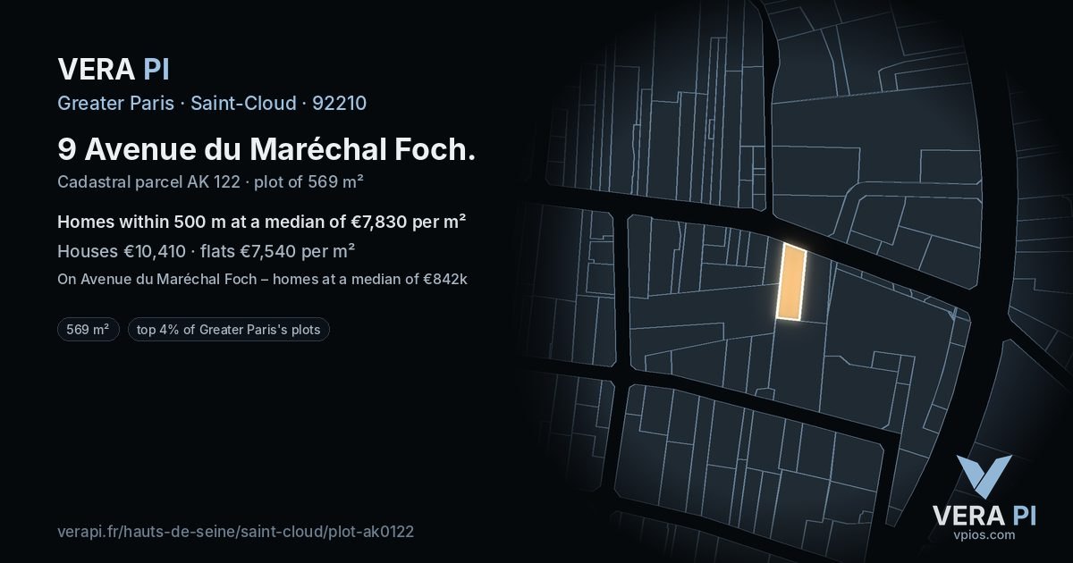 9 Avenue du Maréchal Foch, Saint-Cloud at night – the plot lit, the parcels around coloured by the prices near them