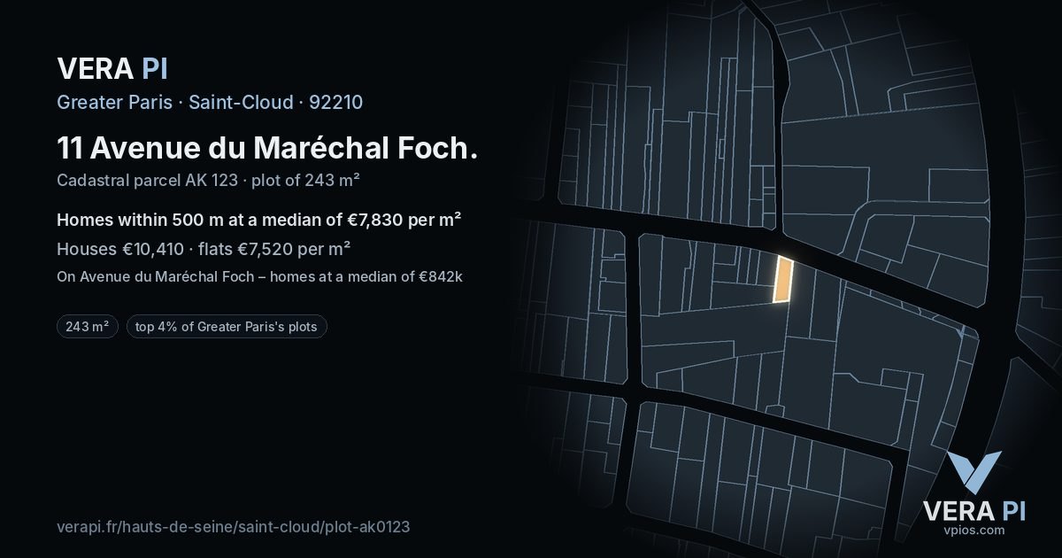 11 Avenue du Maréchal Foch, Saint-Cloud at night – the plot lit, the parcels around coloured by the prices near them