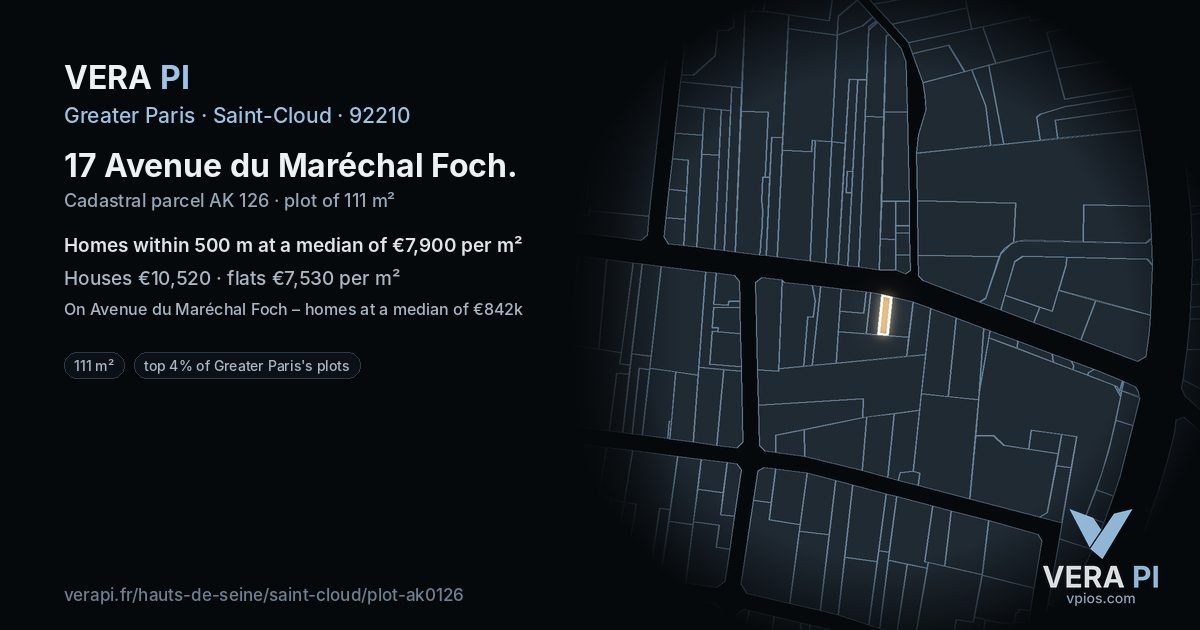 17 Avenue du Maréchal Foch, Saint-Cloud at night – the plot lit, the parcels around coloured by the prices near them