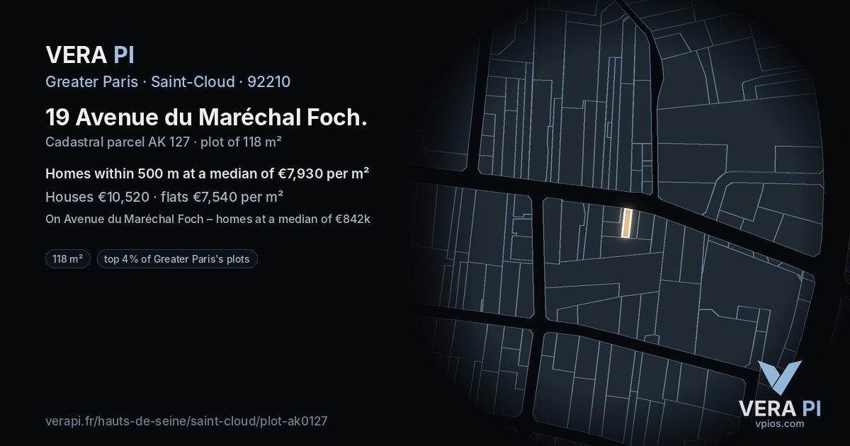 19 Avenue du Maréchal Foch, Saint-Cloud at night – the plot lit, the parcels around coloured by the prices near them