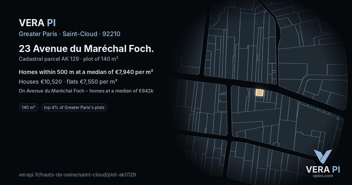 23 Avenue du Maréchal Foch, Saint-Cloud at night – the plot lit, the parcels around coloured by the prices near them
