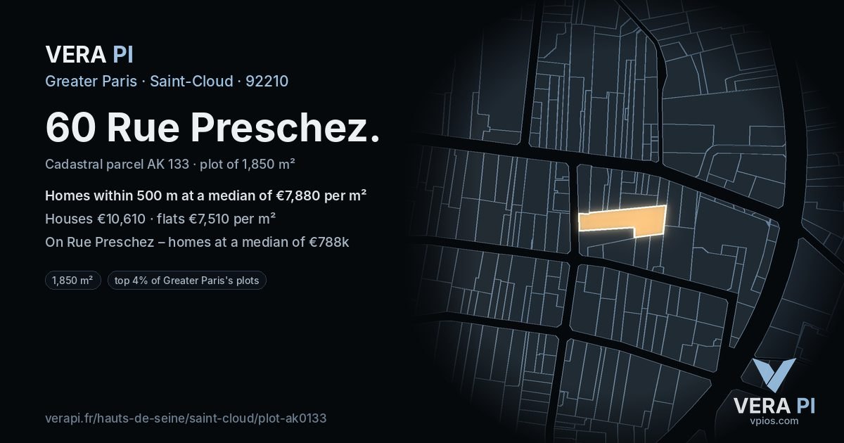 60 Rue Preschez, Saint-Cloud at night – the plot lit, the parcels around coloured by the prices near them