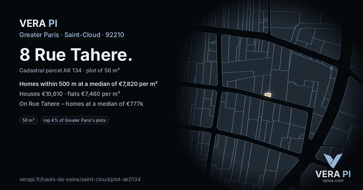 8 Rue Tahere, Saint-Cloud at night – the plot lit, the parcels around coloured by the prices near them