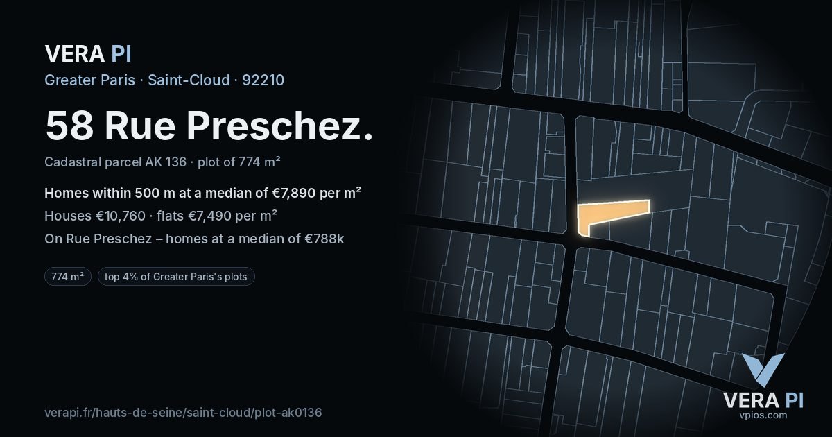 58 Rue Preschez, Saint-Cloud at night – the plot lit, the parcels around coloured by the prices near them