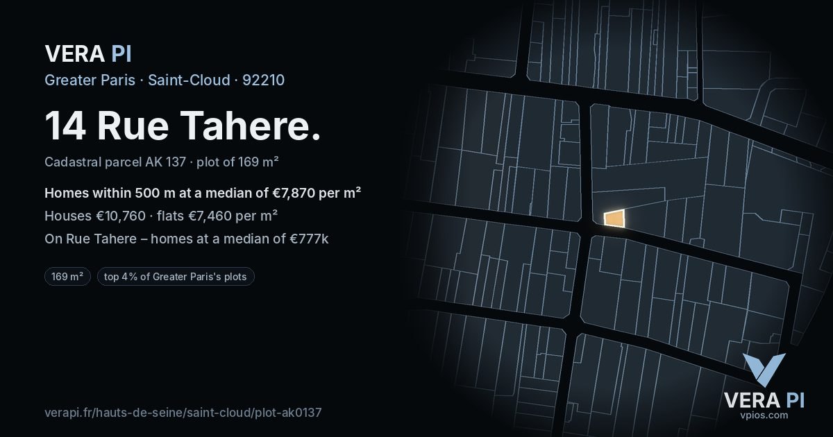 14 Rue Tahere, Saint-Cloud at night – the plot lit, the parcels around coloured by the prices near them