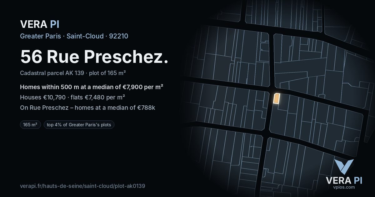 56 Rue Preschez, Saint-Cloud at night – the plot lit, the parcels around coloured by the prices near them