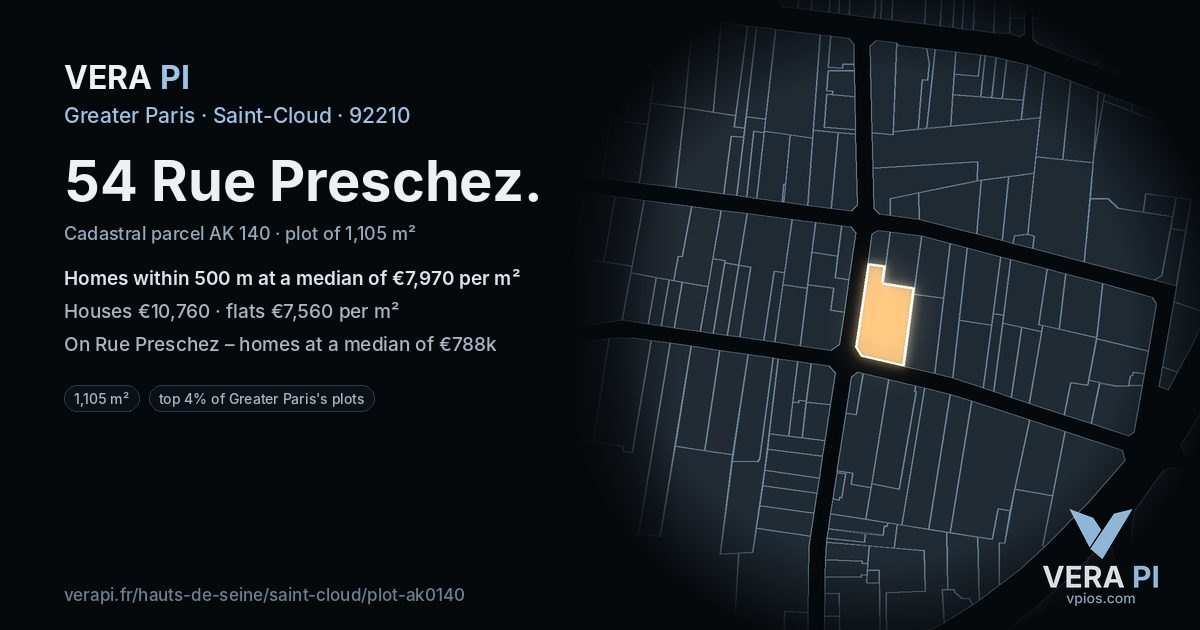 54 Rue Preschez, Saint-Cloud at night – the plot lit, the parcels around coloured by the prices near them