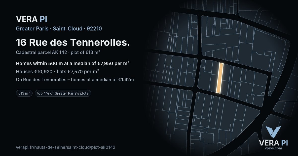 16 Rue des Tennerolles, Saint-Cloud at night – the plot lit, the parcels around coloured by the prices near them