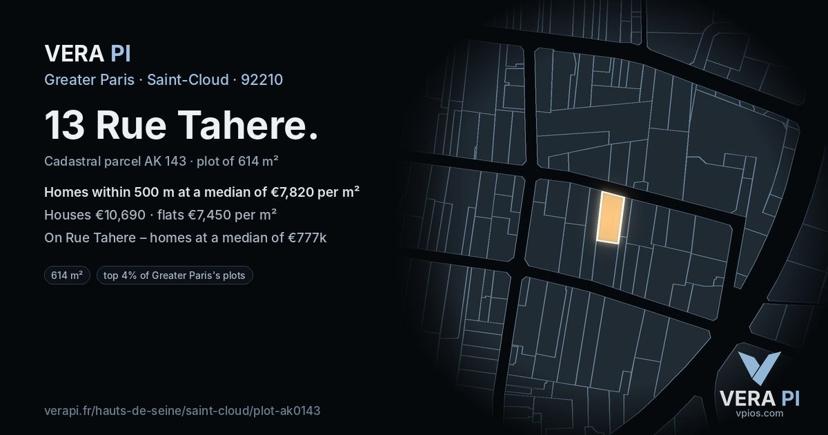 13 Rue Tahere, Saint-Cloud at night – the plot lit, the parcels around coloured by the prices near them