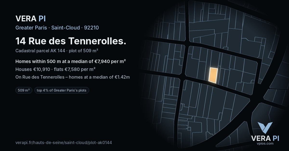 14 Rue des Tennerolles, Saint-Cloud at night – the plot lit, the parcels around coloured by the prices near them