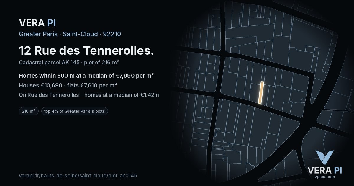 12 Rue des Tennerolles, Saint-Cloud at night – the plot lit, the parcels around coloured by the prices near them