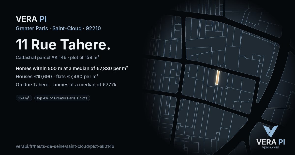 11 Rue Tahere, Saint-Cloud at night – the plot lit, the parcels around coloured by the prices near them