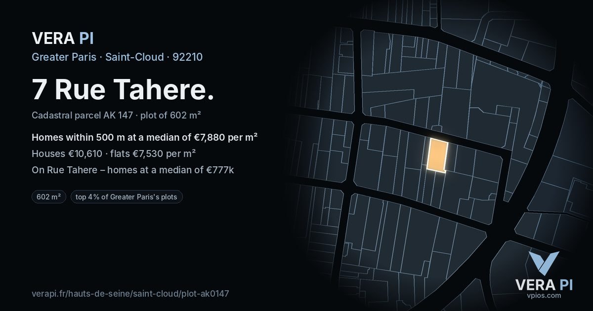 7 Rue Tahere, Saint-Cloud at night – the plot lit, the parcels around coloured by the prices near them