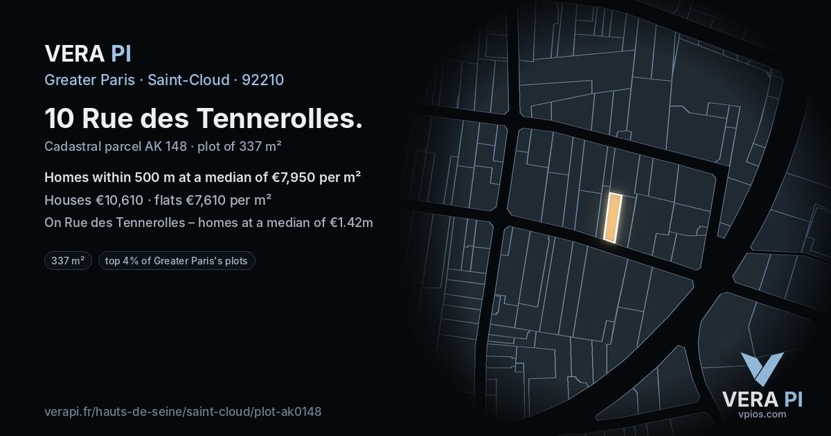 10 Rue des Tennerolles, Saint-Cloud at night – the plot lit, the parcels around coloured by the prices near them