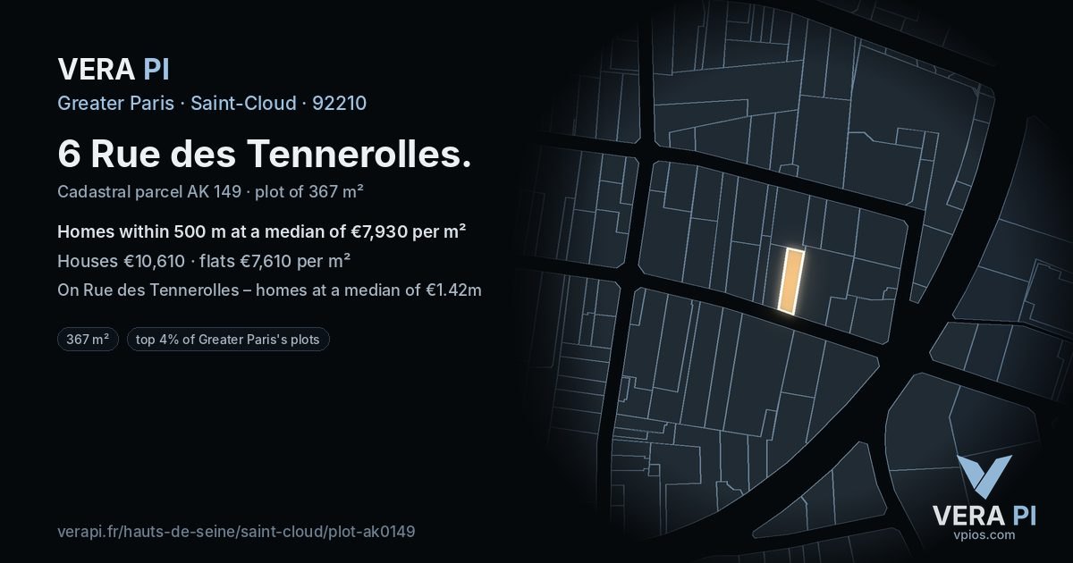 6 Rue des Tennerolles, Saint-Cloud at night – the plot lit, the parcels around coloured by the prices near them
