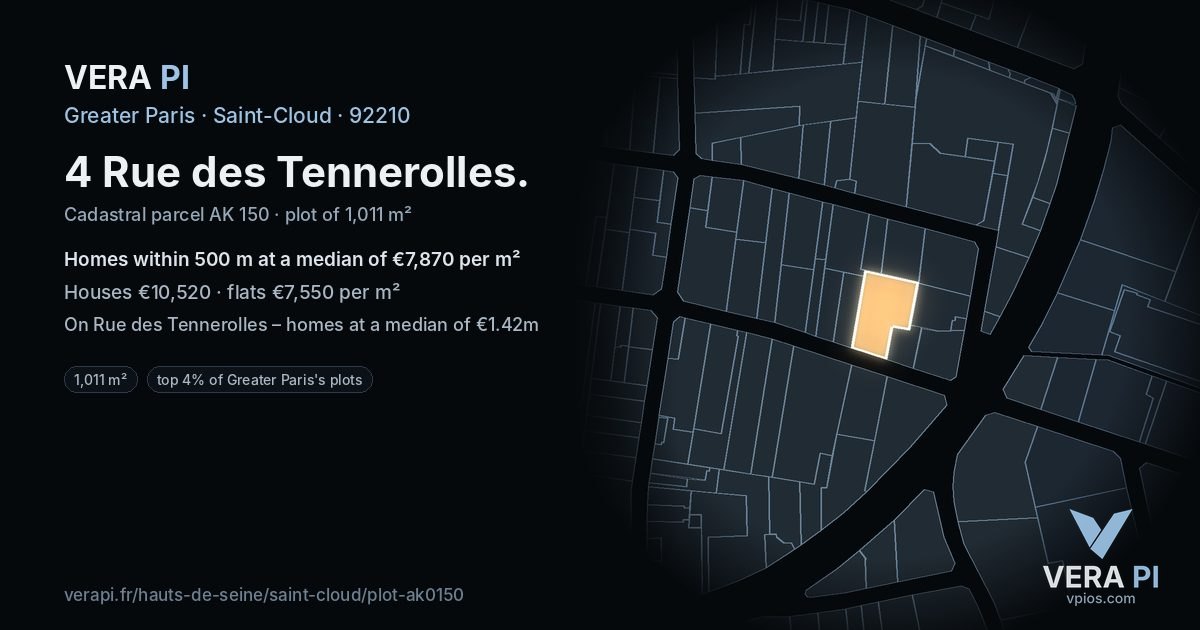 4 Rue des Tennerolles, Saint-Cloud at night – the plot lit, the parcels around coloured by the prices near them