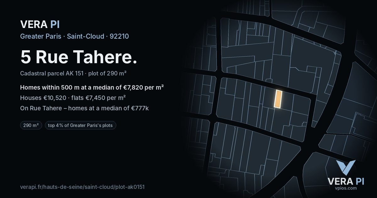 5 Rue Tahere, Saint-Cloud at night – the plot lit, the parcels around coloured by the prices near them