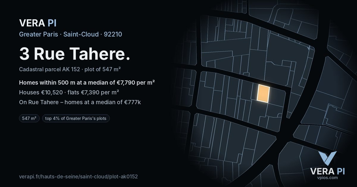 3 Rue Tahere, Saint-Cloud at night – the plot lit, the parcels around coloured by the prices near them