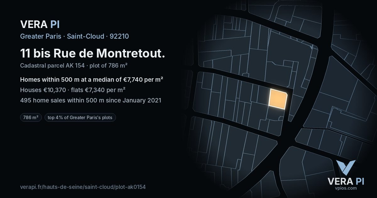 11 bis Rue de Montretout, Saint-Cloud at night – the plot lit, the parcels around coloured by the prices near them