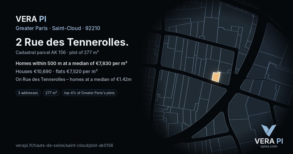 2 Rue des Tennerolles, Saint-Cloud at night – the plot lit, the parcels around coloured by the prices near them