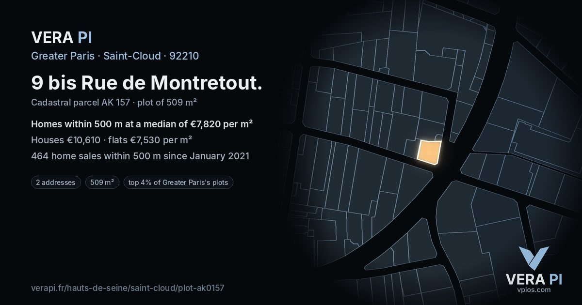 9 bis Rue de Montretout, Saint-Cloud at night – the plot lit, the parcels around coloured by the prices near them