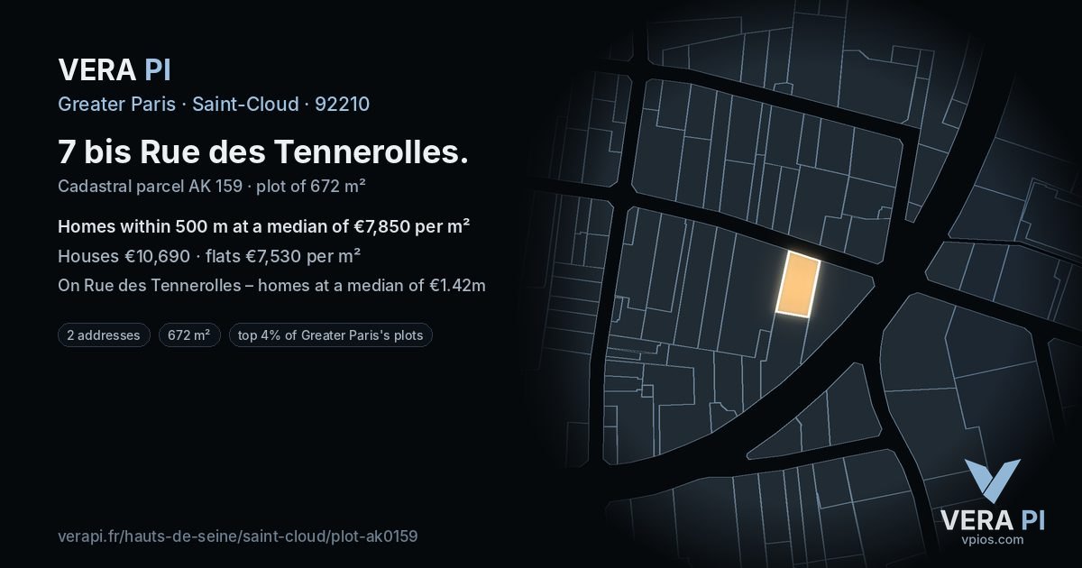 7 bis Rue des Tennerolles, Saint-Cloud at night – the plot lit, the parcels around coloured by the prices near them
