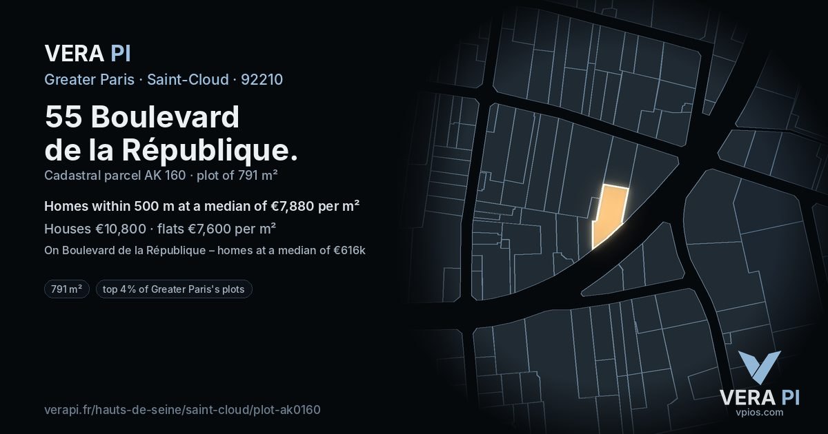 55 Boulevard de la République, Saint-Cloud at night – the plot lit, the parcels around coloured by the prices near them