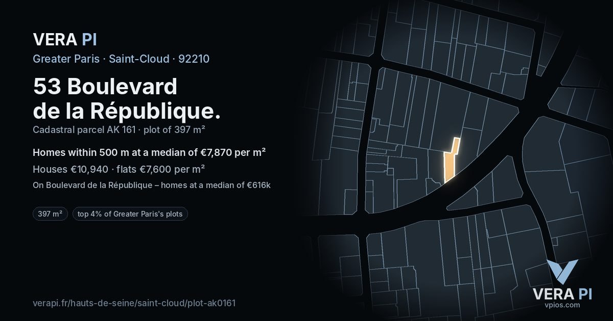 53 Boulevard de la République, Saint-Cloud at night – the plot lit, the parcels around coloured by the prices near them