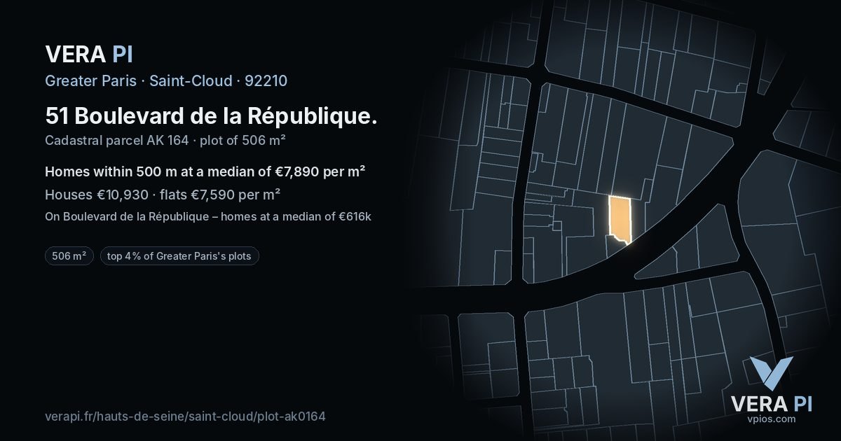 51 Boulevard de la République, Saint-Cloud at night – the plot lit, the parcels around coloured by the prices near them