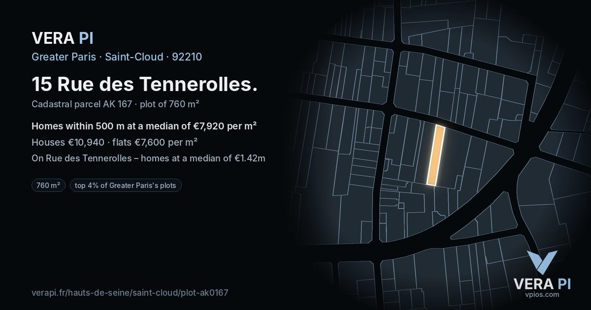 15 Rue des Tennerolles, Saint-Cloud at night – the plot lit, the parcels around coloured by the prices near them