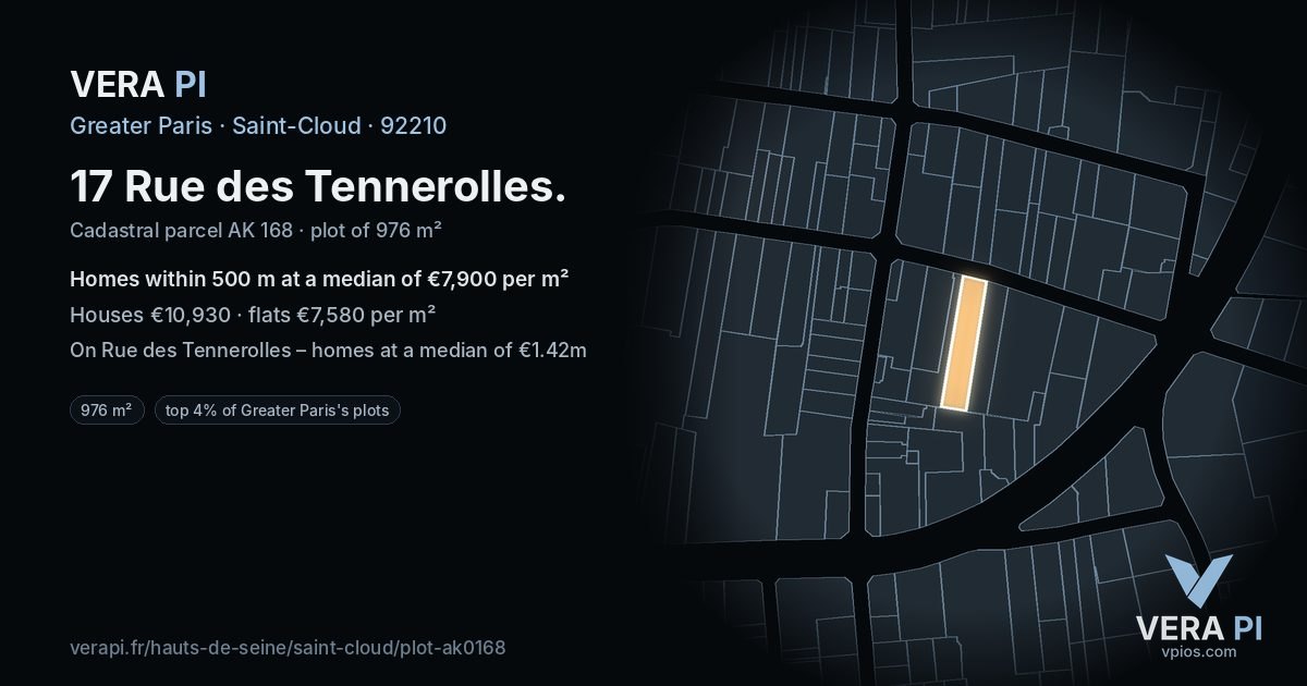17 Rue des Tennerolles, Saint-Cloud at night – the plot lit, the parcels around coloured by the prices near them