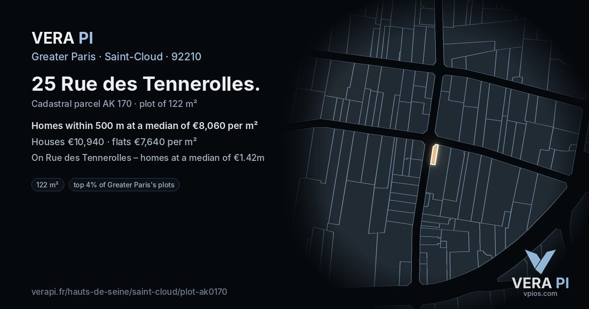 25 Rue des Tennerolles, Saint-Cloud at night – the plot lit, the parcels around coloured by the prices near them