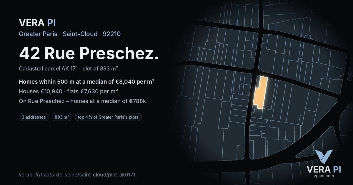 42 Rue Preschez, Saint-Cloud at night – the plot lit, the parcels around coloured by the prices near them