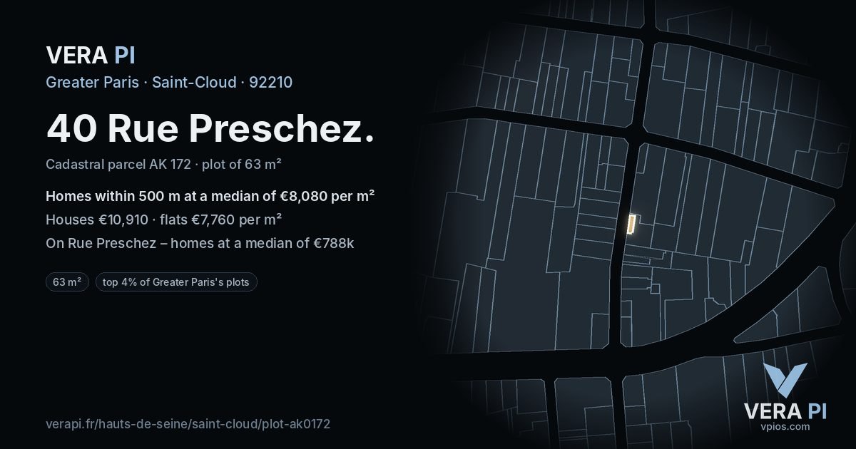 40 Rue Preschez, Saint-Cloud at night – the plot lit, the parcels around coloured by the prices near them