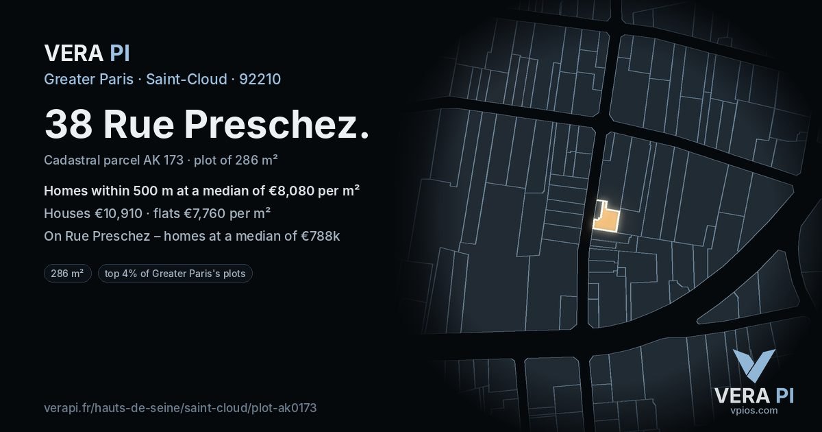 38 Rue Preschez, Saint-Cloud at night – the plot lit, the parcels around coloured by the prices near them