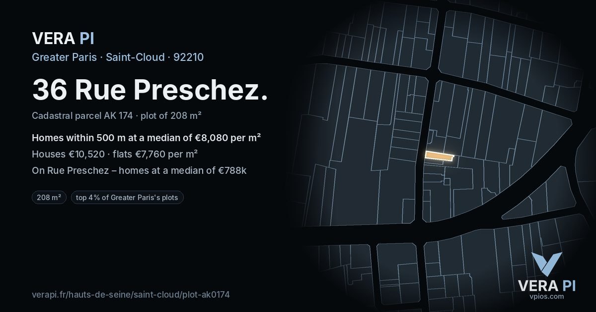 36 Rue Preschez, Saint-Cloud at night – the plot lit, the parcels around coloured by the prices near them