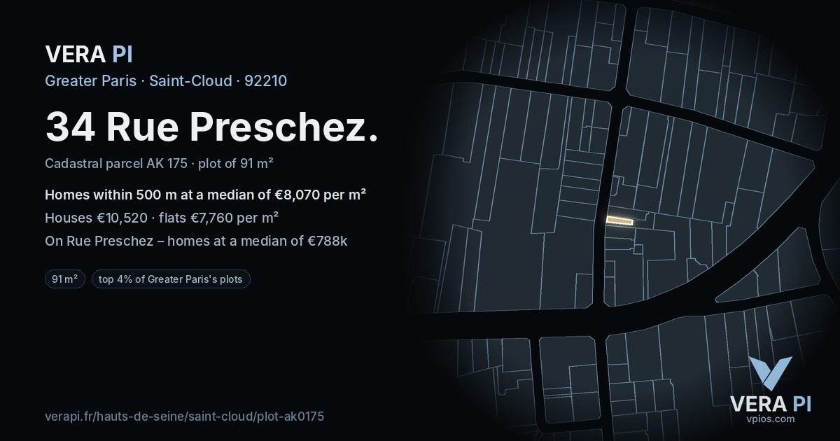 34 Rue Preschez, Saint-Cloud at night – the plot lit, the parcels around coloured by the prices near them