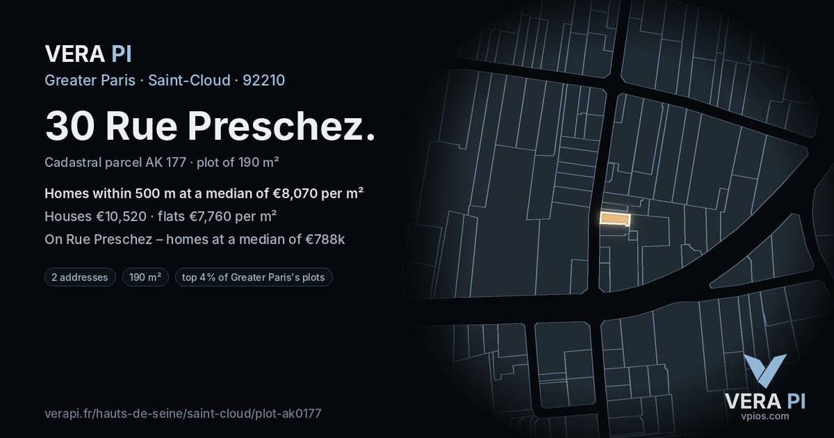 30 Rue Preschez, Saint-Cloud at night – the plot lit, the parcels around coloured by the prices near them