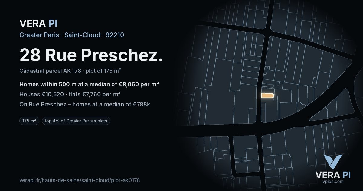 28 Rue Preschez, Saint-Cloud at night – the plot lit, the parcels around coloured by the prices near them